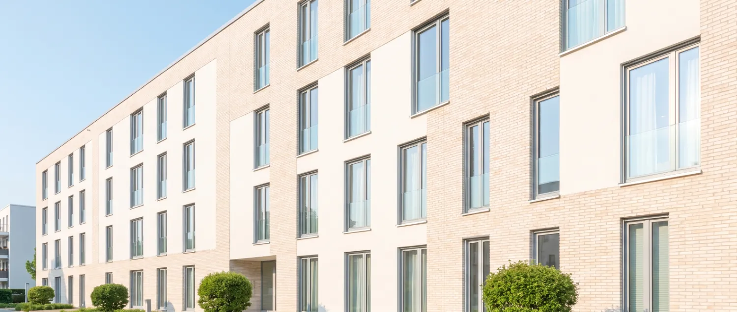 Residential apartment facade in pale brick and white render on a clear day
