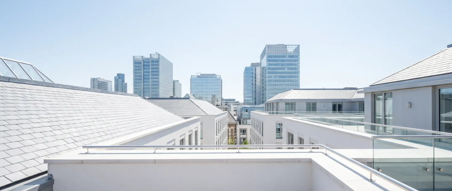 City rooftops in midday light with distant glass office towers