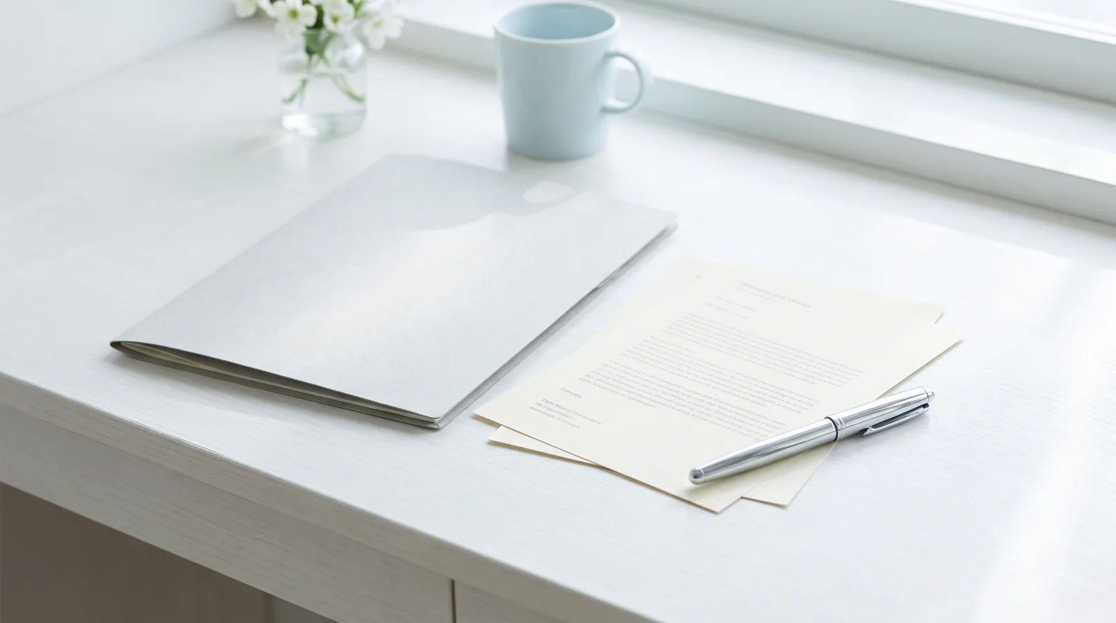 Closed folder, loose printed sheets and a fountain pen on a pale desk in morning light
