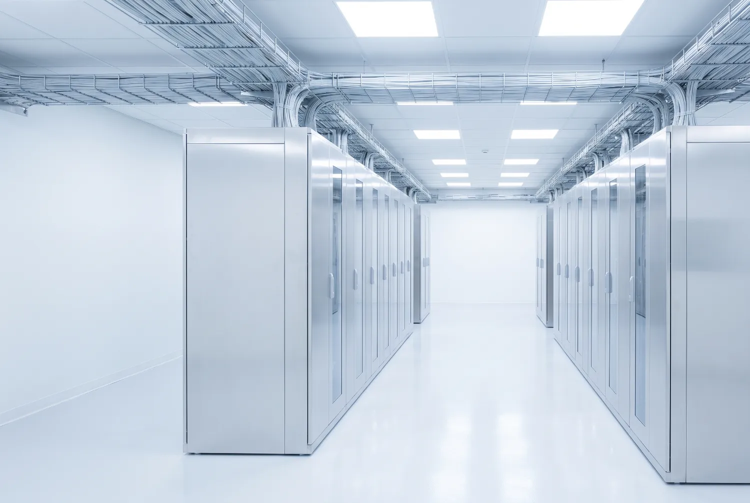 Bright corridor between rows of data cabinets with bundled fibre cables
