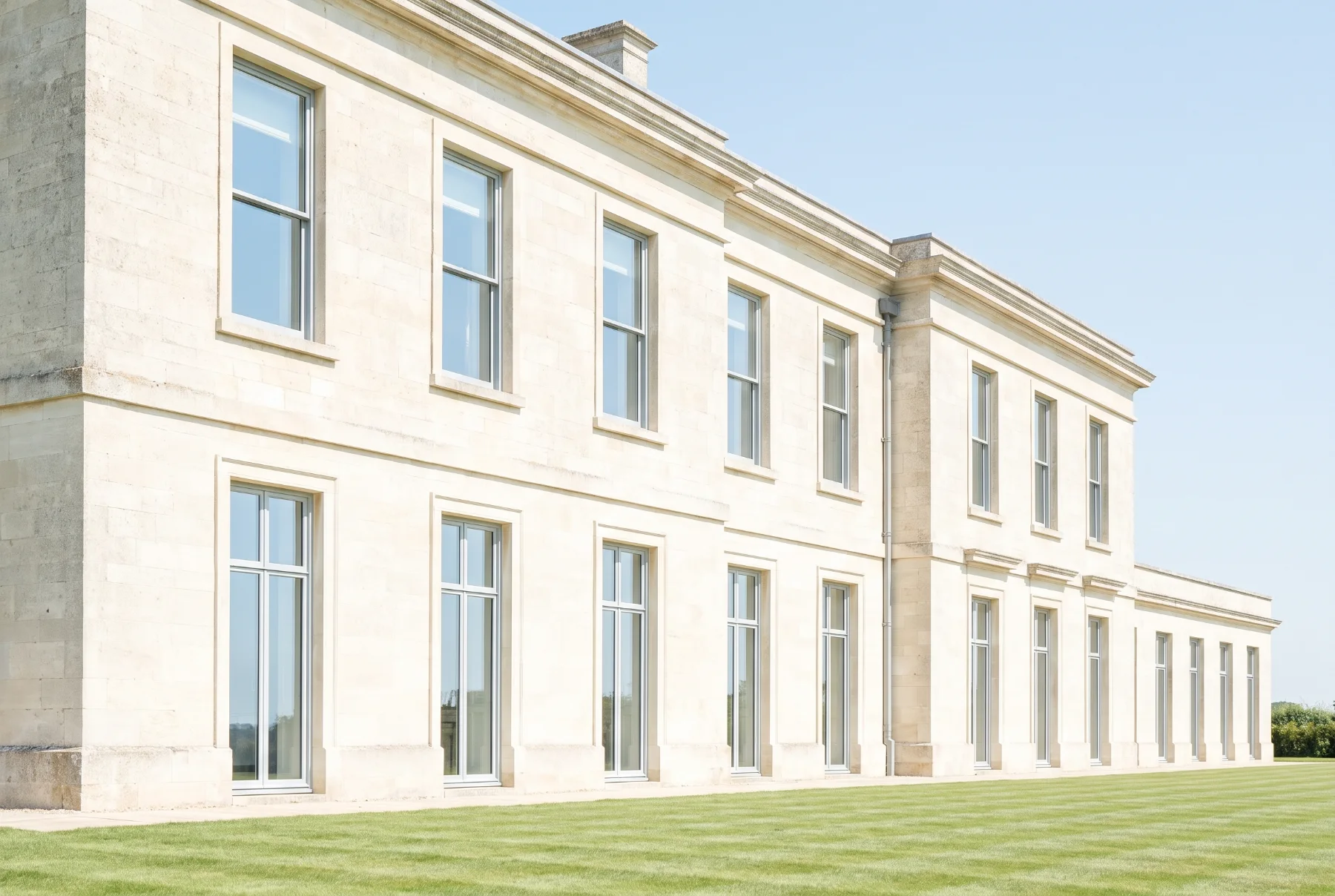 Cotswold stone manor facade in clear midday light