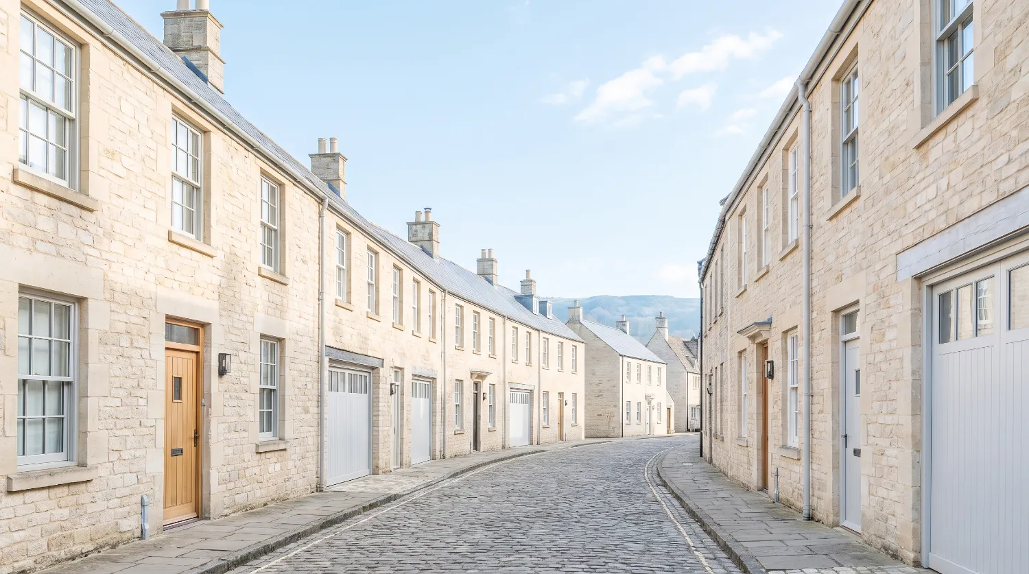 Empty Cotswold village street of limestone cottages in clear morning light