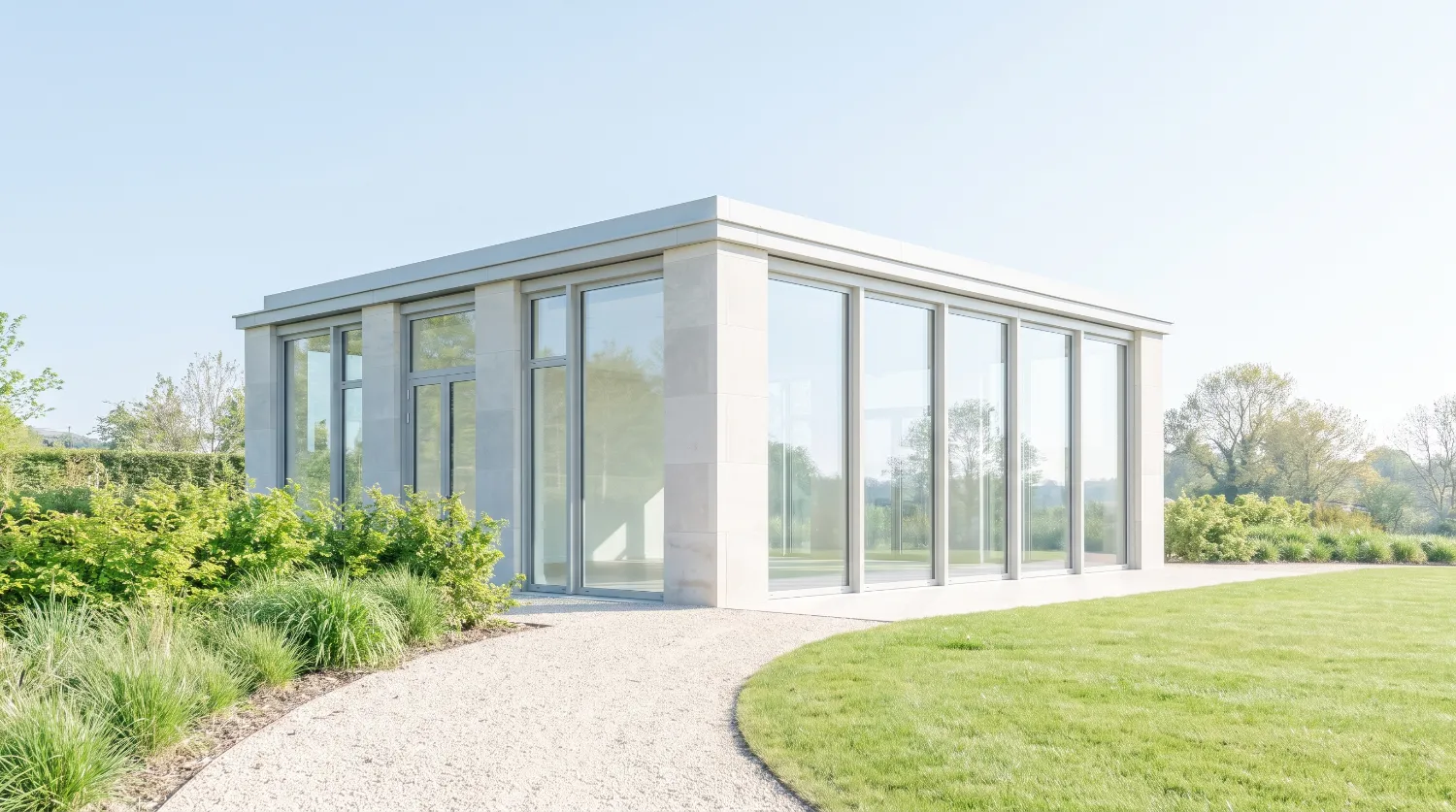 Gravel approach leading to a glass and pale stone pavilion in clear morning light